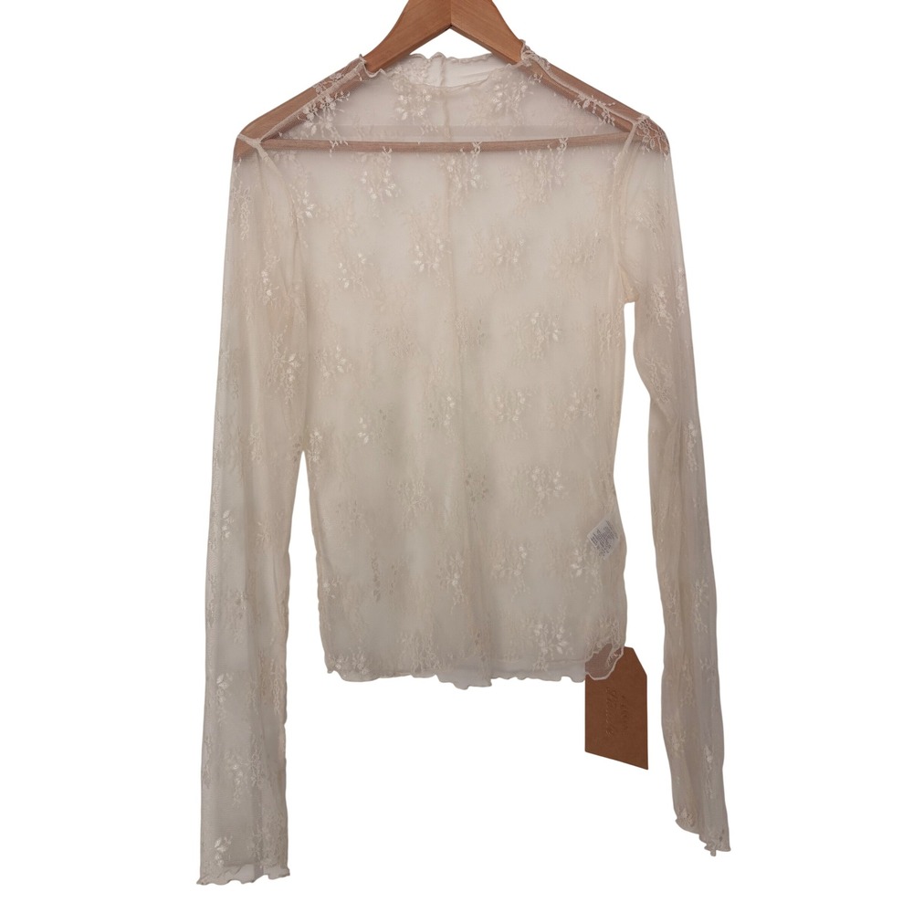 Listicle Cream Fairy Ethereal Floral Sheer Lace Mesh Mock Neck Top LongSleeve L